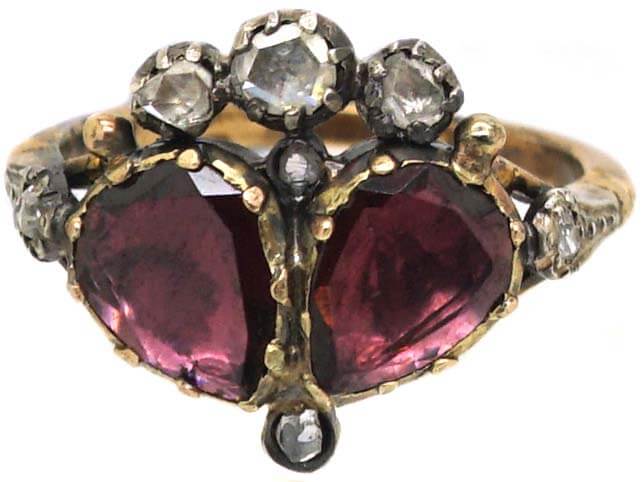Georgian Double Heart Ring set with Garnets & Rose Diamonds