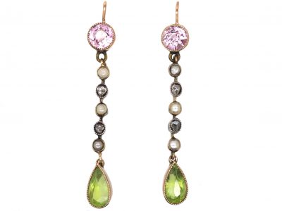 Edwardian 9ct Gold & Silver Suffragette Earrings set with Amethysts, Rose Diamonds, Natural Split Pearls & Peridots
