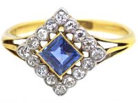 Art Deco 18ct Gold & Platinum Diamond Shaped Ring set with a Sapphire & Diamonds