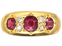 Victorian 18ct Gold Three Stone Ruby Ring with Diamonds In Between