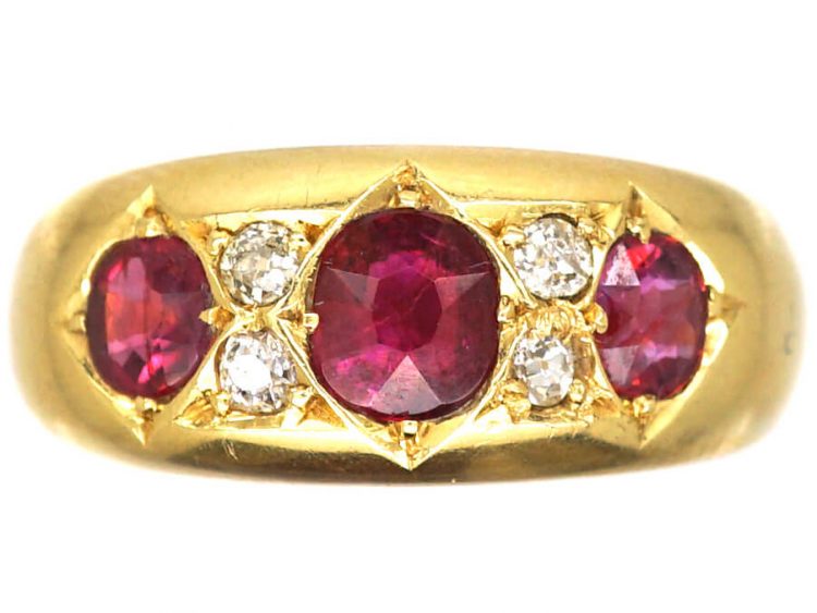 Victorian 18ct Gold Three Stone Ruby Ring with Diamonds In Between