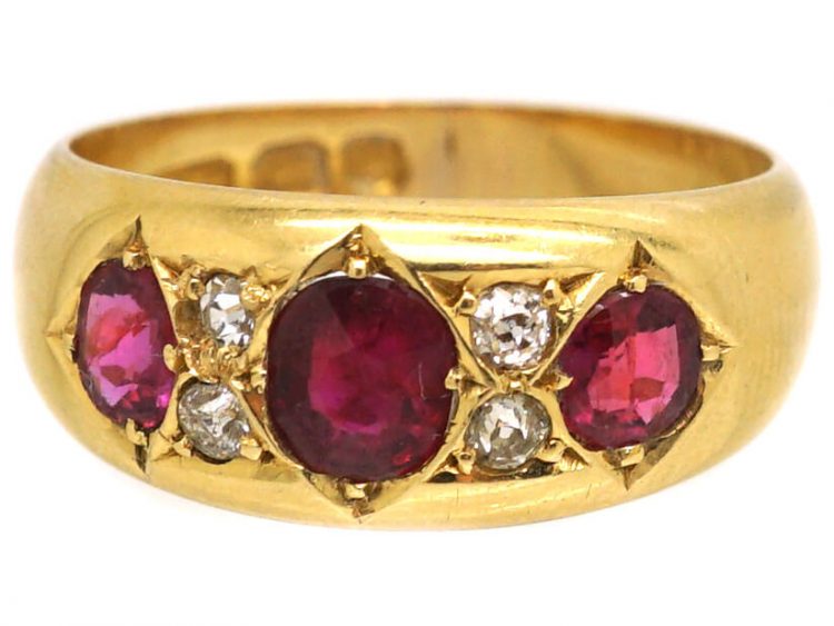 Victorian 18ct Gold Three Stone Ruby Ring with Diamonds In Between