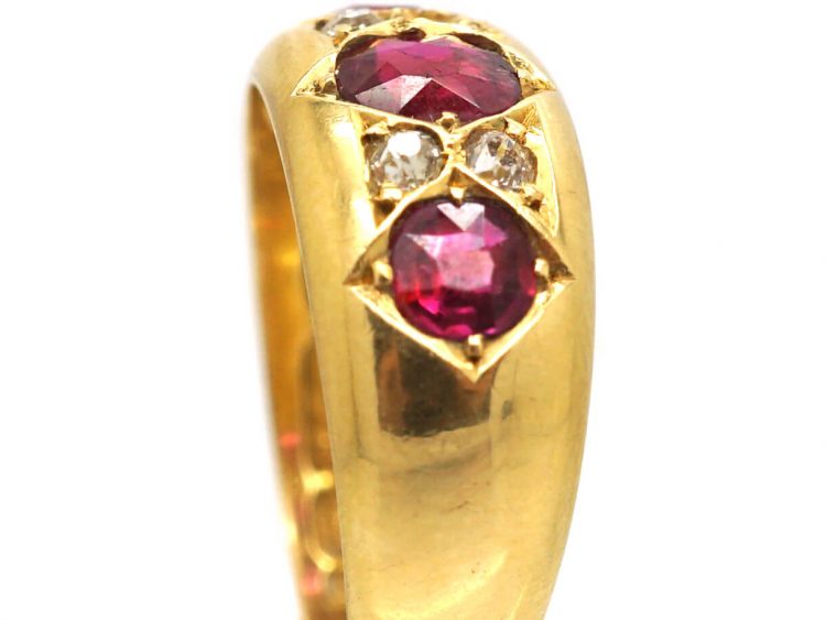 Victorian 18ct Gold Three Stone Ruby Ring with Diamonds In Between