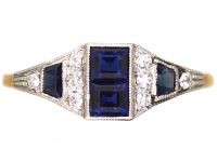 Art Deco 18ct Gold & Platinum, Geometric Ring set with Sapphires & Diamonds