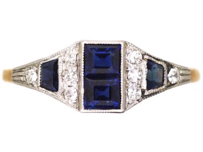 Art Deco 18ct Gold & Platinum, Geometric Ring set with Sapphires & Diamonds