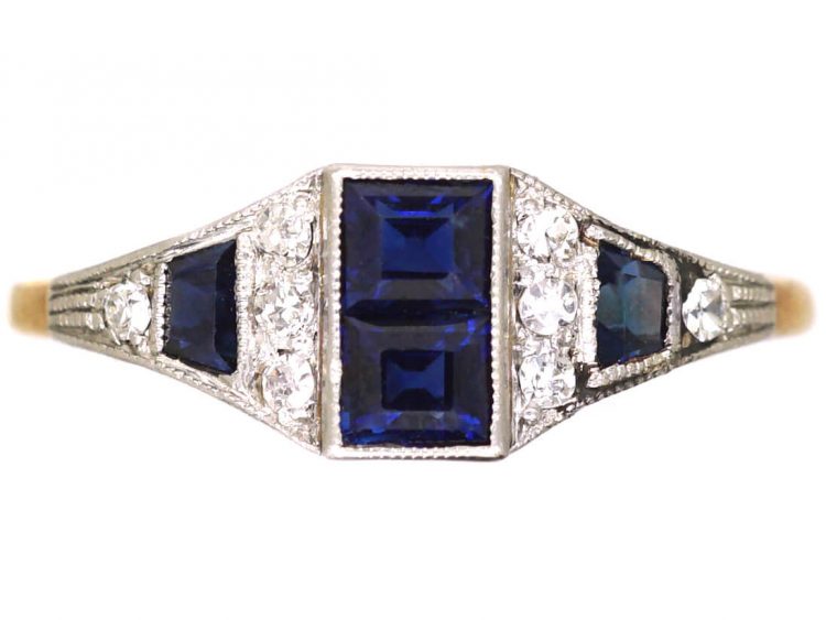Art Deco 18ct Gold & Platinum, Geometric Ring set with Sapphires & Diamonds