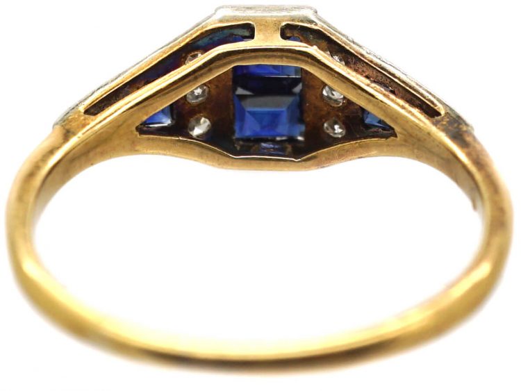 Art Deco 18ct Gold & Platinum, Geometric Ring set with Sapphires & Diamonds