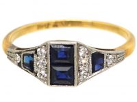 Art Deco 18ct Gold & Platinum, Geometric Ring set with Sapphires & Diamonds