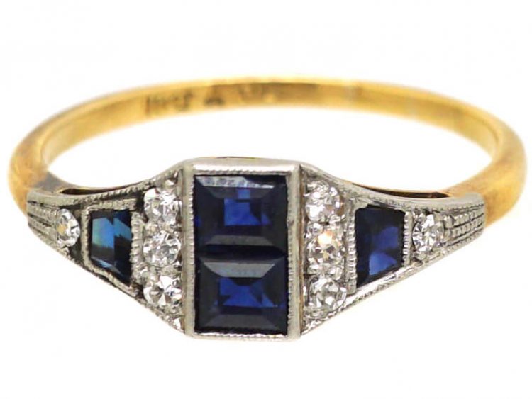 Art Deco 18ct Gold & Platinum, Geometric Ring set with Sapphires & Diamonds
