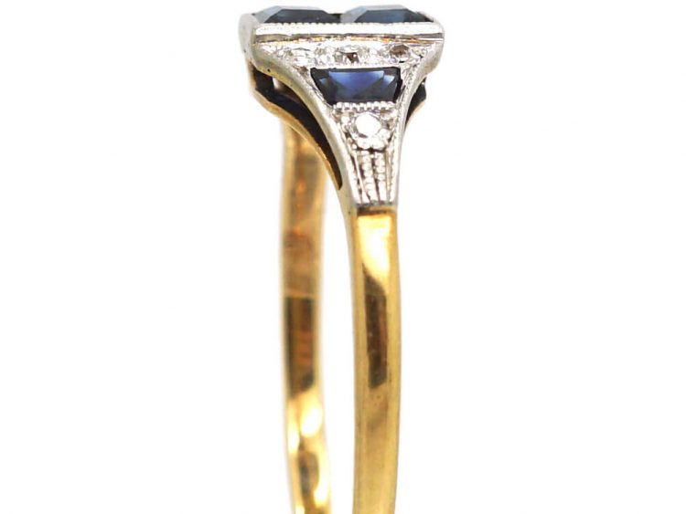 Art Deco 18ct Gold & Platinum, Geometric Ring set with Sapphires & Diamonds