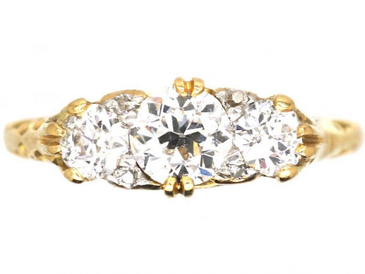 Victorian 18ct Gold Three Stone Diamond Carved Half Hoop Ring