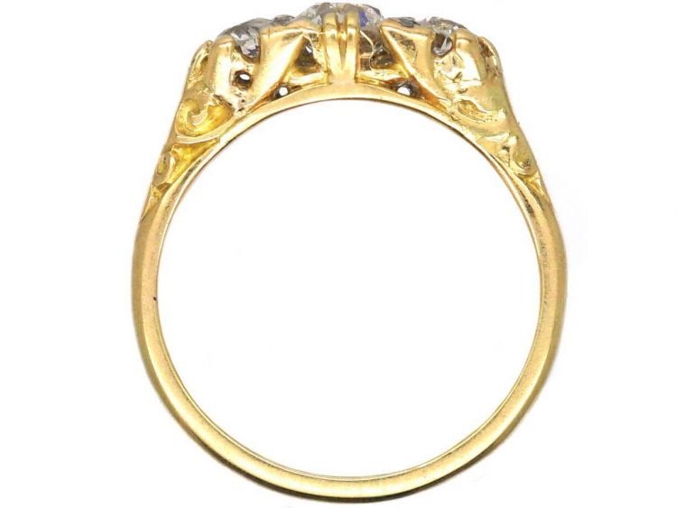 Victorian 18ct Gold Three Stone Diamond Carved Half Hoop Ring