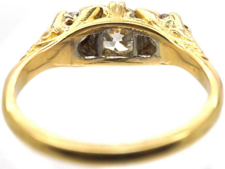 Victorian 18ct Gold Three Stone Diamond Carved Half Hoop Ring