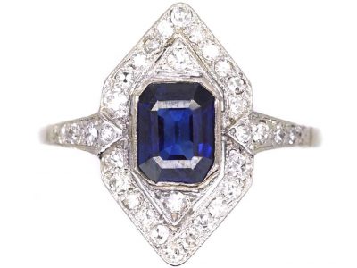Art Deco Platinum Hexagonal Shaped Ring set with a Sapphire & Diamonds