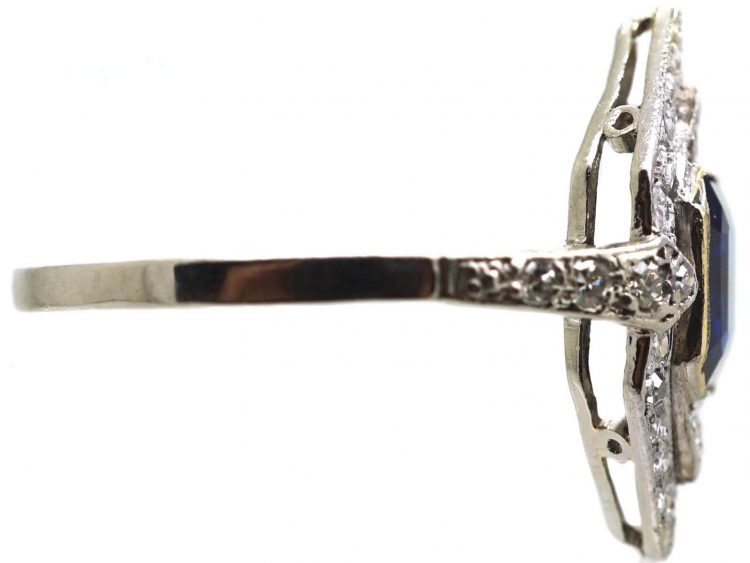Art Deco Platinum Hexagonal Shaped Ring set with a Sapphire & Diamonds