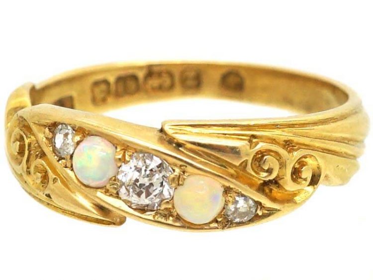 Victorian 18ct Gold, Opal & Diamond Twist Ring