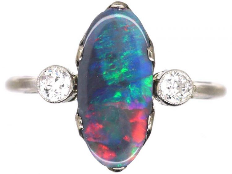 Art Deco 18ct White Gold & Platinum, Black Opal & Diamond Ring