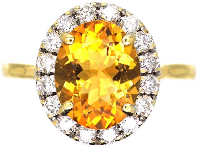 1950s 18ct Gold, Citrine & Diamond Oval Cluster Ring