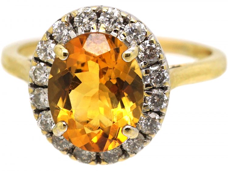 1950s 18ct Gold, Citrine & Diamond Oval Cluster Ring