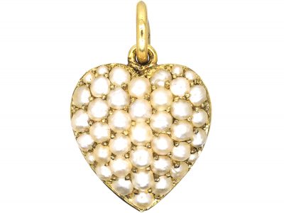 Edwardian 15ct Gold Pave Set Natural Split Pearl Heart Pendant