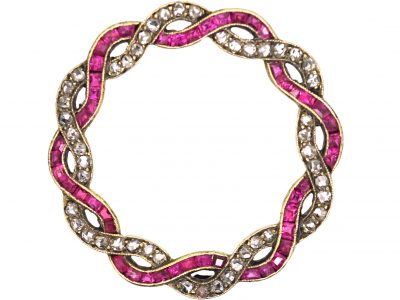 18ct Gold, Ruby & Rose Diamond Circular Brooch in Original Carrington Case