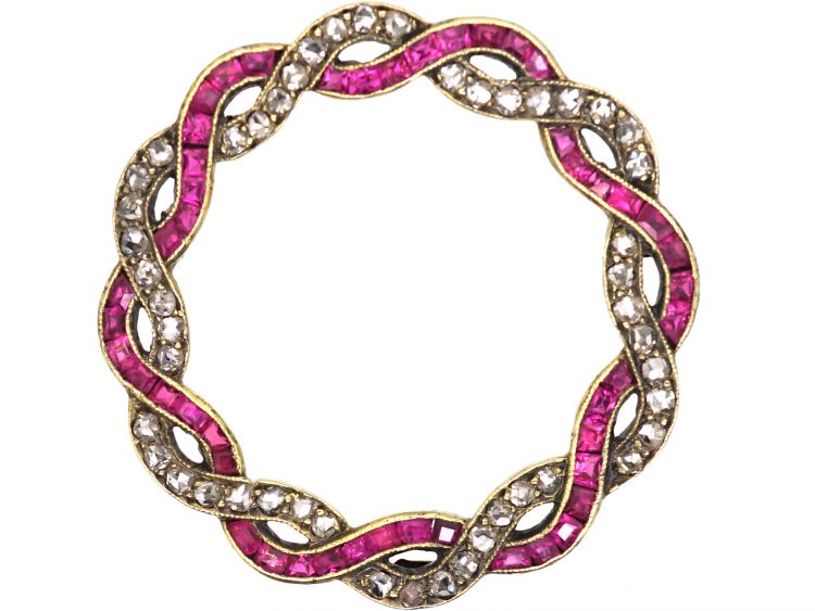 18ct Gold, Ruby & Rose Diamond Circular Brooch in Original Carrington Case