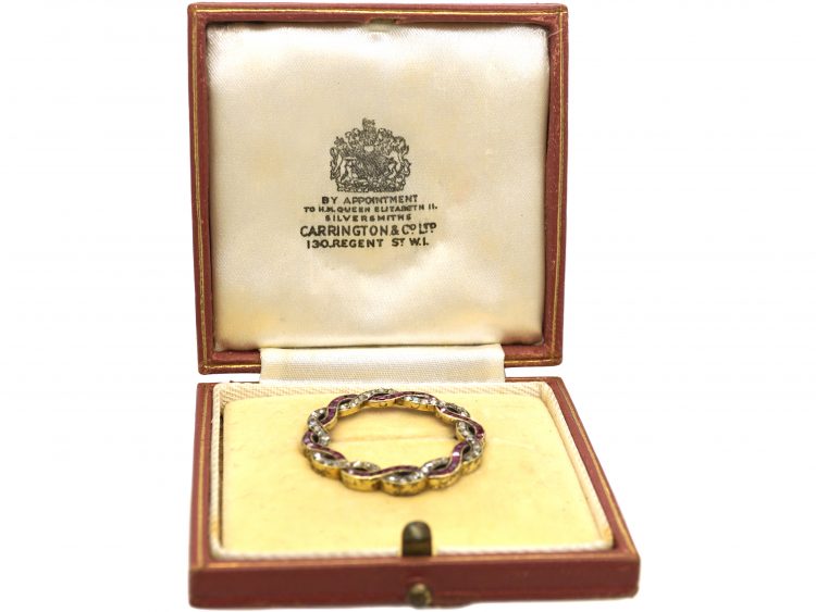 18ct Gold, Ruby & Rose Diamond Circular Brooch in Original Carrington Case