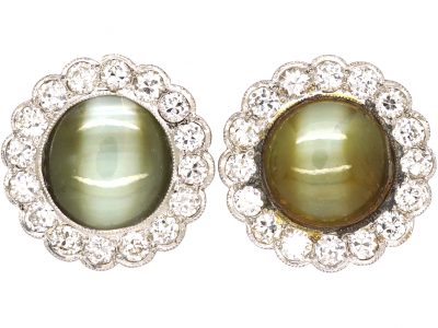 Early 20th Century 18ct Gold, Cats Eye Chrysoberyl & Diamond Cluster Earrings