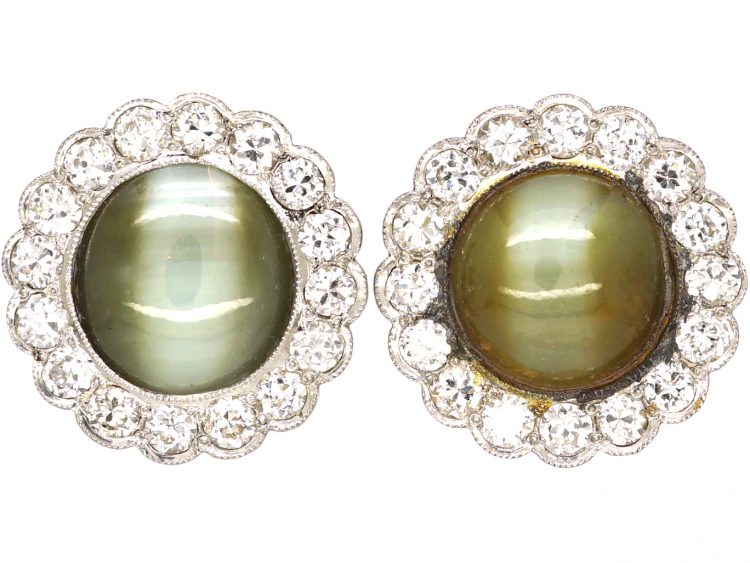Early 20th Century 18ct Gold, Cats Eye Chrysoberyl & Diamond Cluster Earrings