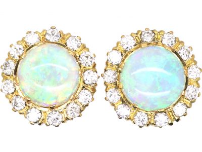 Edwardian 18ct Gold, Opal & Diamond Cluster Earrings