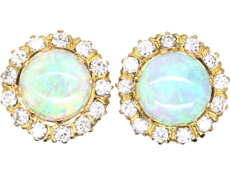 Edwardian 18ct Gold, Opal & Diamond Cluster Earrings