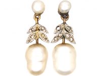 Edwardian 15ct Gold, Rose Diamond & Baroque Pearl Acorn Drop Earrings