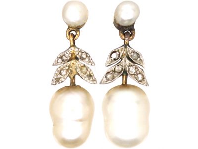 Edwardian 15ct Gold, Rose Diamond & Baroque Pearl Acorn Drop Earrings