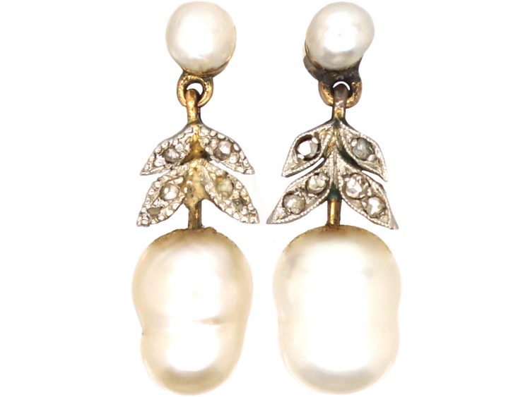 Edwardian 15ct Gold, Rose Diamond & Baroque Pearl Acorn Drop Earrings