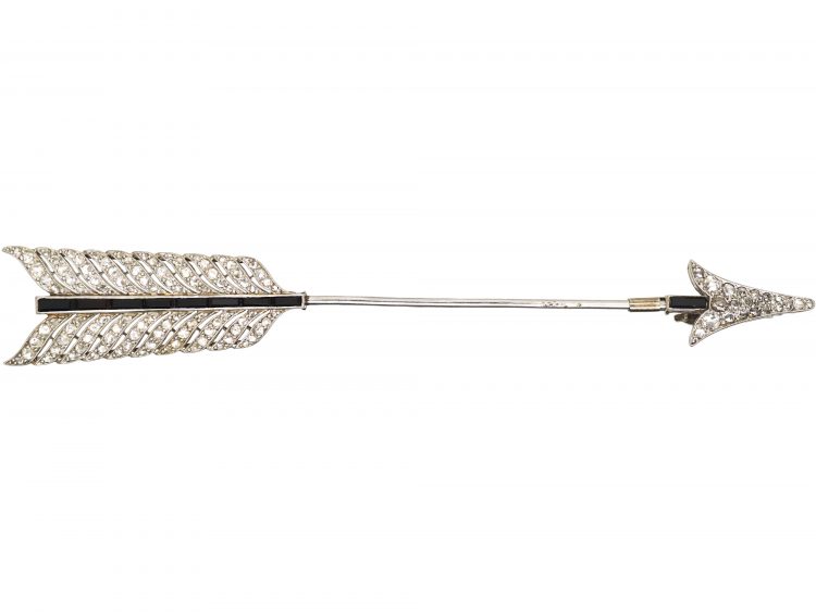 Large Art Deco French Platinum Arrow Brooch set with Onyx & Rose Diamonds