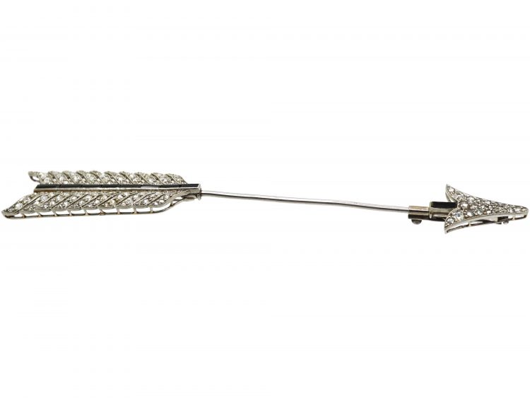 Large Art Deco French Platinum Arrow Brooch set with Onyx & Rose Diamonds