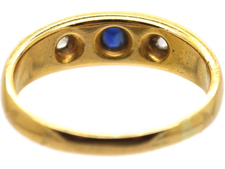 Victorian 18ct Gold, Sapphire & Diamond Three Stone Ring with Line Detail