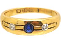 Victorian 18ct Gold, Sapphire & Diamond Three Stone Ring with Line Detail