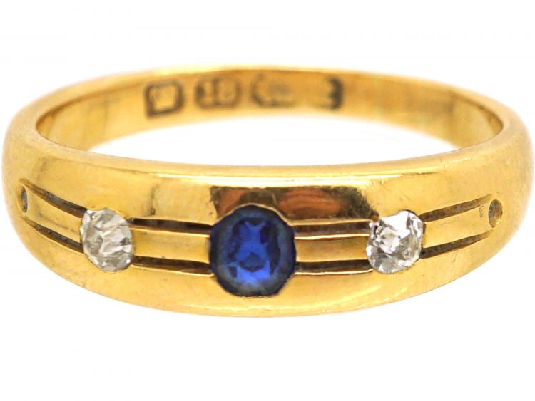 Victorian 18ct Gold, Sapphire & Diamond Three Stone Ring with Line Detail