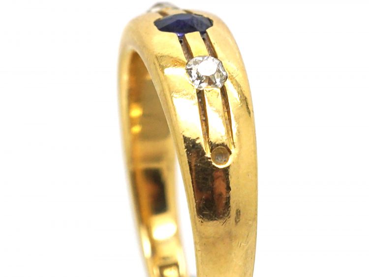 Victorian 18ct Gold, Sapphire & Diamond Three Stone Ring with Line Detail