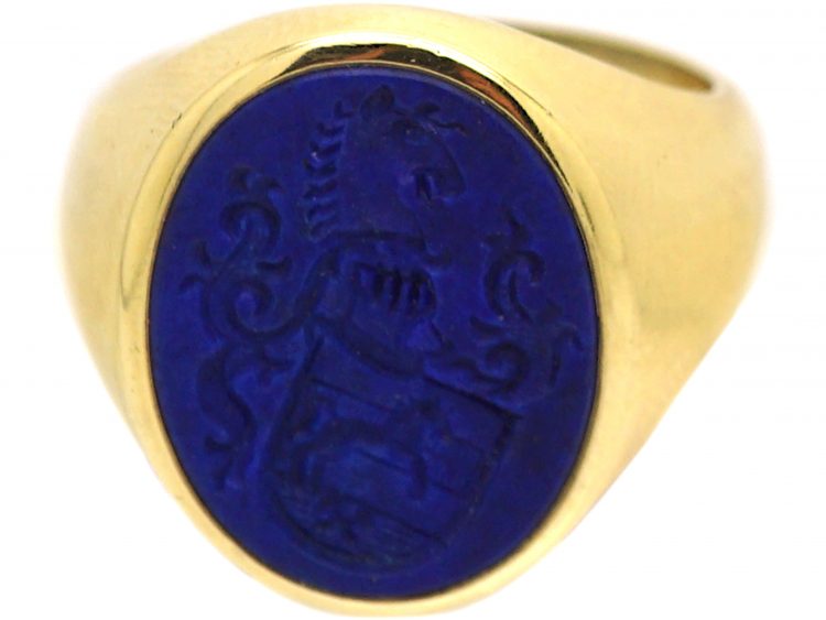 Early 20th Century Signet Ring with a Lapis Intaglio of Horses & Shield