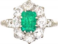 Edwardian Platinum, Emerald & Diamond Cluster Ring with Diamond Set Shoulders