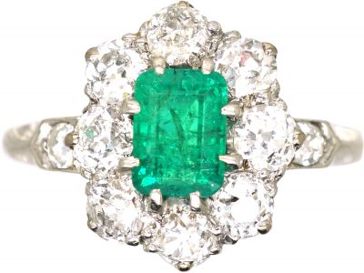 Edwardian Platinum, Emerald & Diamond Cluster Ring with Diamond Set Shoulders