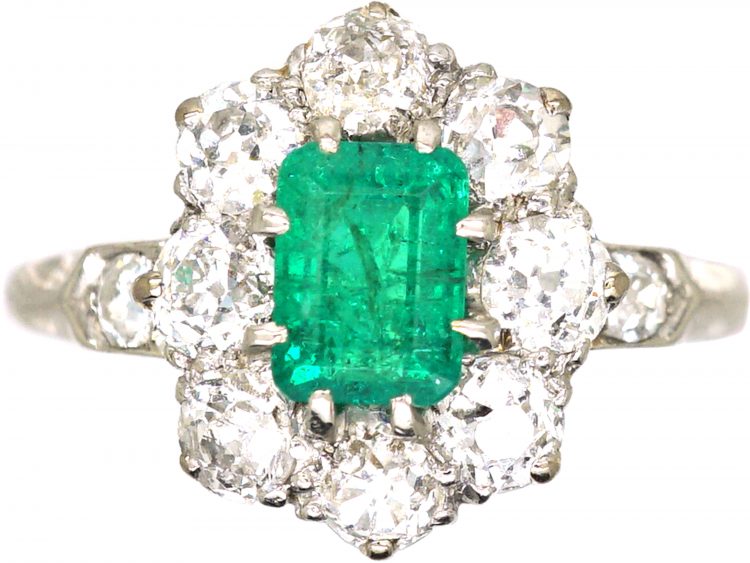 Edwardian Platinum, Emerald & Diamond Cluster Ring with Diamond Set Shoulders