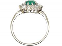 Edwardian Platinum, Emerald & Diamond Cluster Ring with Diamond Set Shoulders