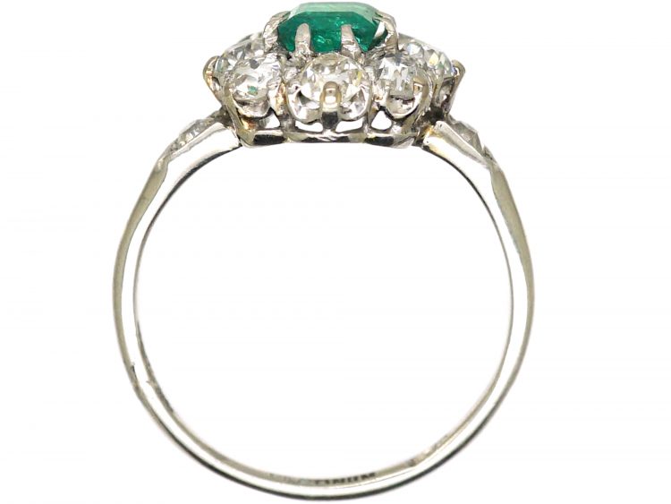 Edwardian Platinum, Emerald & Diamond Cluster Ring with Diamond Set Shoulders