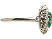 Edwardian Platinum, Emerald & Diamond Cluster Ring with Diamond Set Shoulders