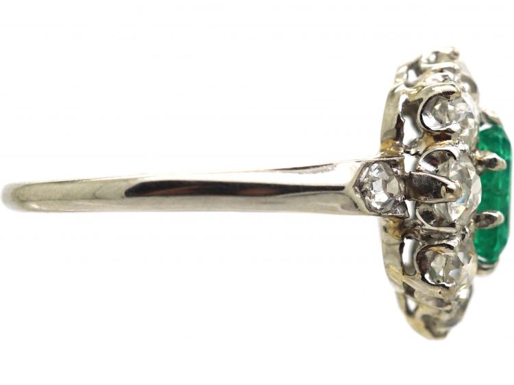 Edwardian Platinum, Emerald & Diamond Cluster Ring with Diamond Set Shoulders