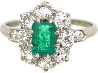 Edwardian Platinum, Emerald & Diamond Cluster Ring with Diamond Set Shoulders