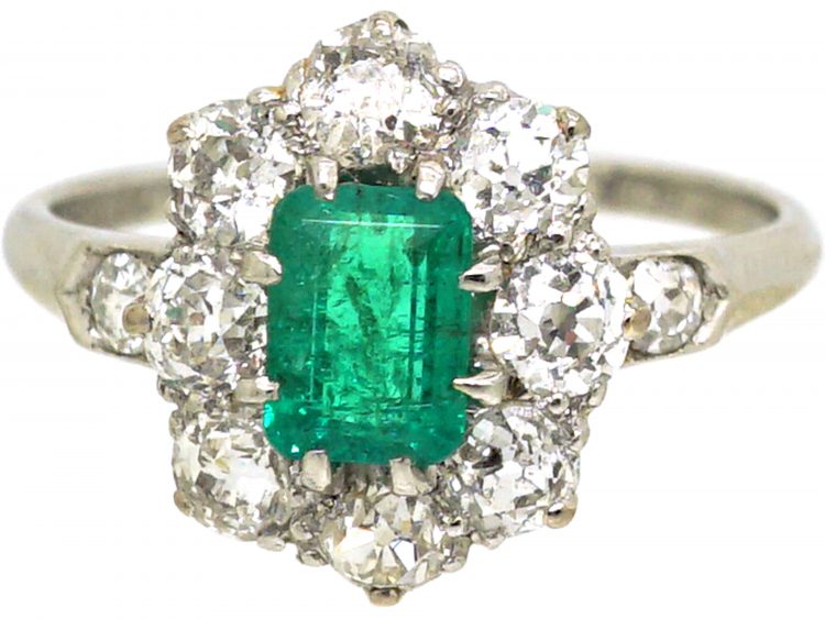 Edwardian Platinum, Emerald & Diamond Cluster Ring with Diamond Set Shoulders